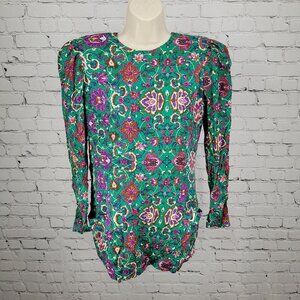 NWT VTG Richard Warren Green 100% Silk Floral Gold Button Long Sleeve Blouse 4